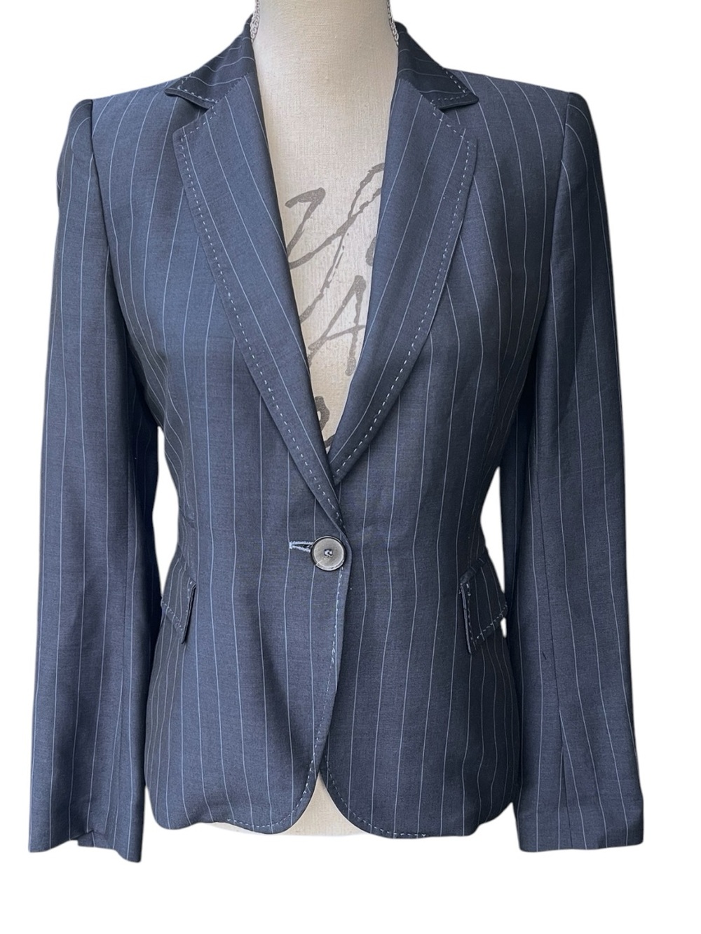 Zara Limited Edition Navy Pinstripe Overstitch Tailored Jacket Blazer (4)